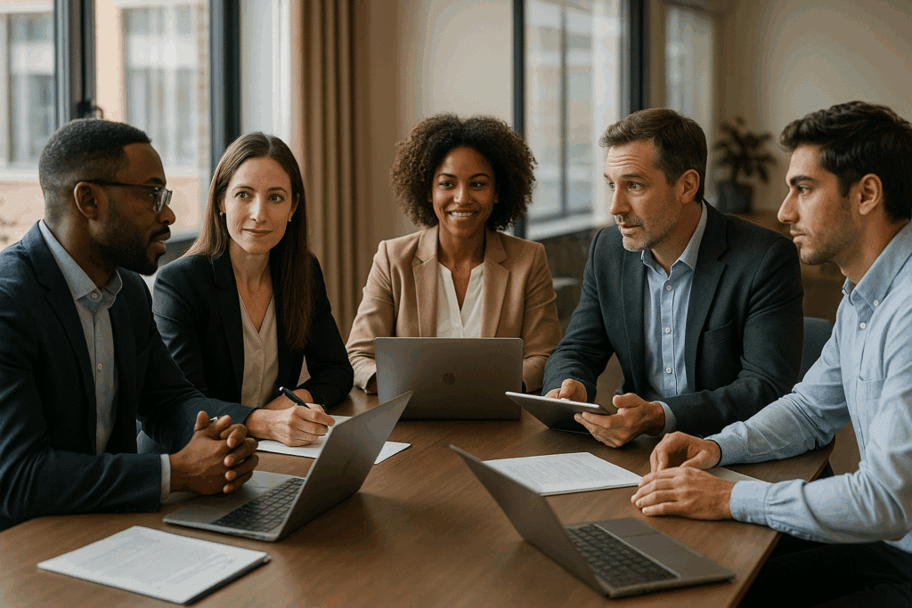 Változatos csapat modern irodában, hatékony HR stratégia mentén együttműködve.