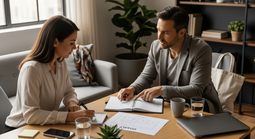 Életvezetési coaching ülés: coach és kliens tervezőt használnak
