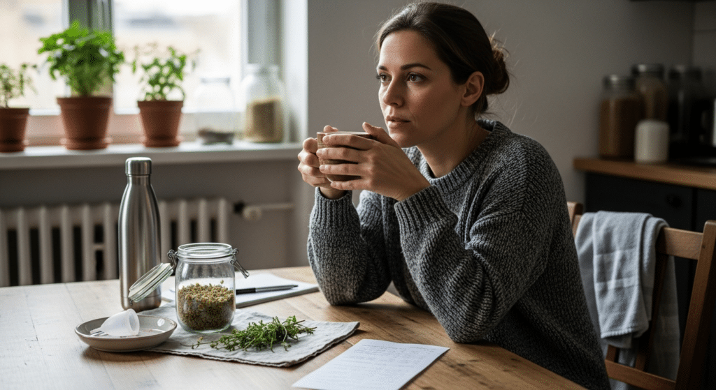 Konyhában teát tartó nő, elmélkedés a magas ösztrogénszint miatt