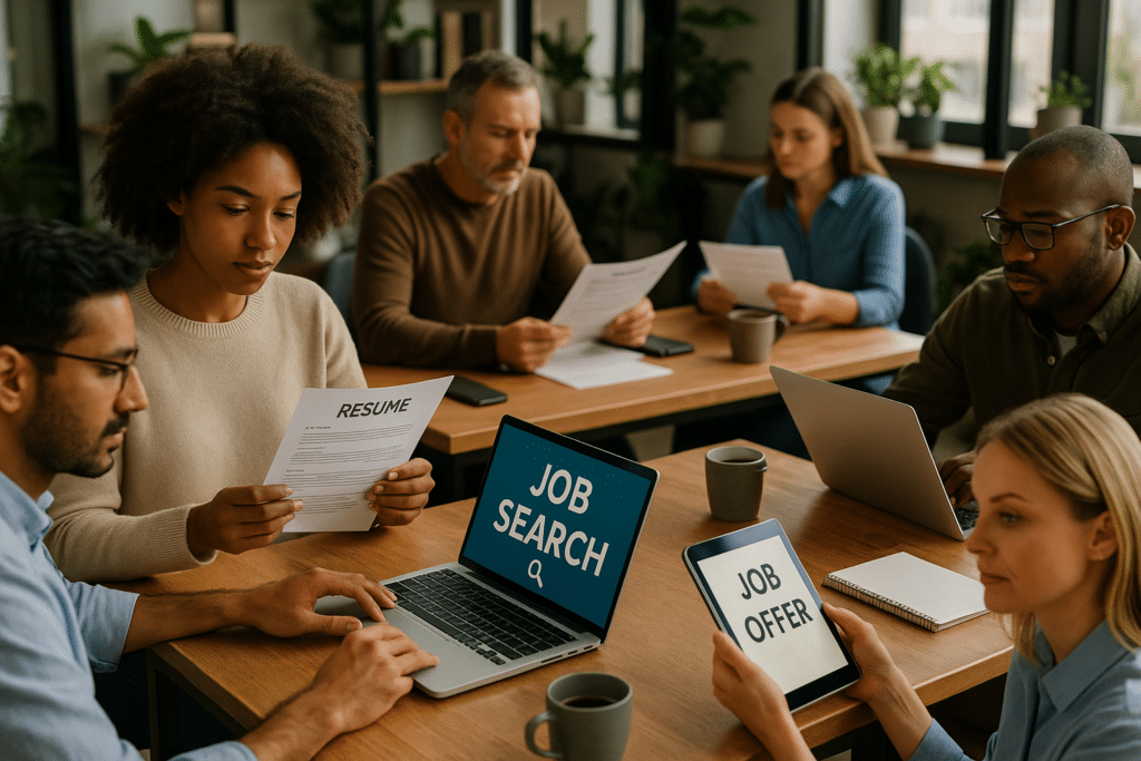 Diverse csoport együtt keres munkalehetőségeket modern co-working irodában