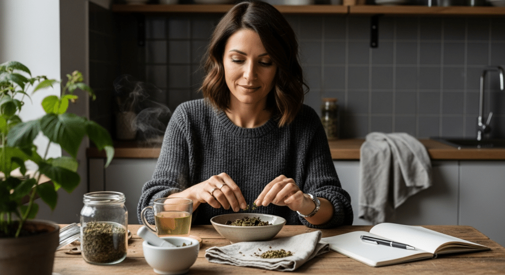 Nő erdei málna leveleket rendez a napsütéses konyhában