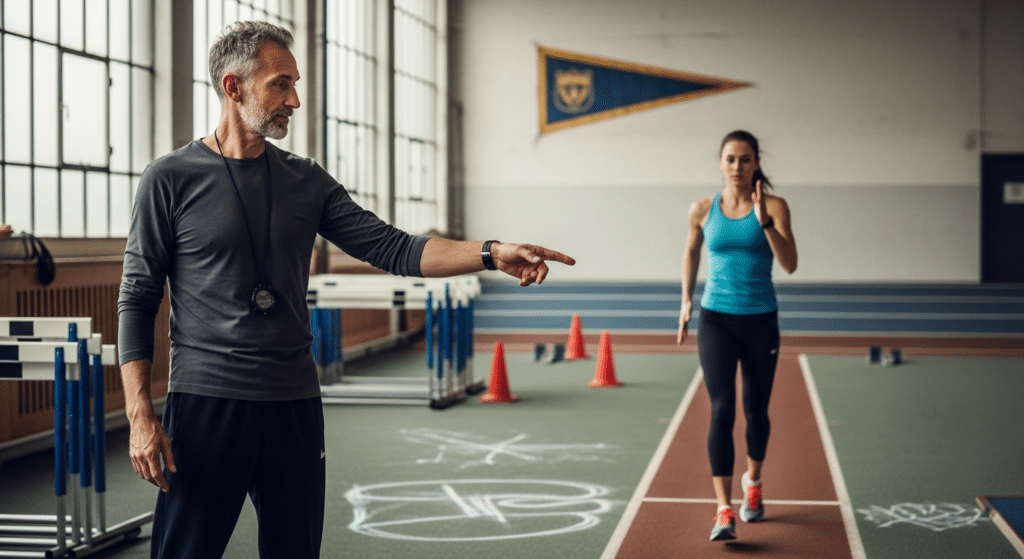 Tapasztalt edző irányít női sprinter helyes atlétika testtartás és mozgás