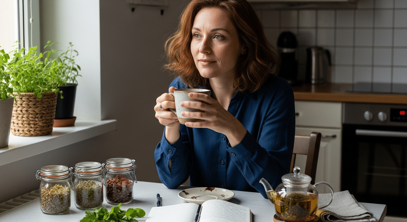 Nő napfényes konyhában gyógynövényes teával, hormonális egyensúly.